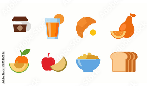 Full breakfast icon set with coffee juice and food in modern flat vector style
