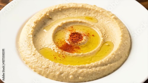 A close-up view of a freshly prepared bowl of creamy, delicious hummus, drizzled with olive oil and sprinkled with paprika, ready to be enjoyed as a healthy appetizer or dip