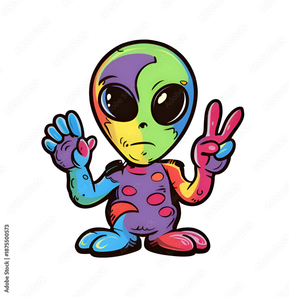 Obraz premium Rainbow-Colored Cartoon Alien Waving Peace Sign