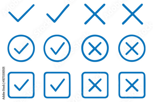 Tick and Cross checkmark vector icons in line style design for website design, app, UI, isolated on white background. Editable stroke. EPS 10 vector illustration.