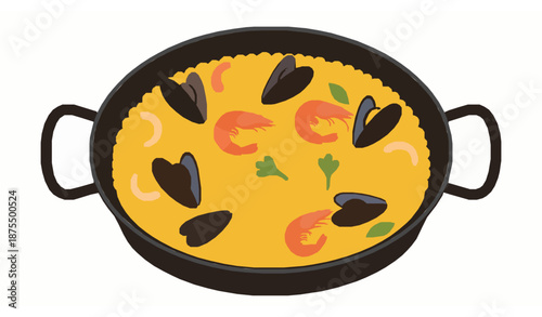 Classic Spanish paella dish vector illustration with mussels prawns and rice