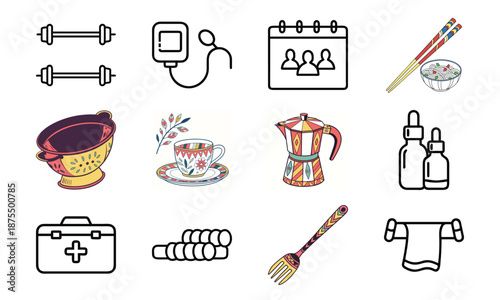 Versatile Lifestyle Icon Set Featuring Fitness Dumbbells, Blood Pressure Monitor, Calendar, Kitchen Utensils, Electric Kettle, First Aid Kit, and Decorative Tableware Collage