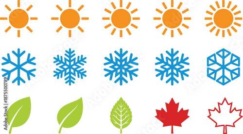 Seasonal icon set, editable vector clipart, isolated, sun, snowflake, leaf, weather symbols, summer, winter, spring, autumn