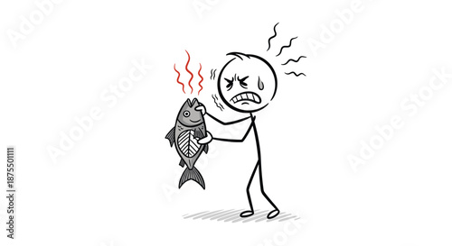 A disgusted stick figure holding a smelly, rotten fish with a skeleton showing, expressing revulsion at the bad smell and decay.