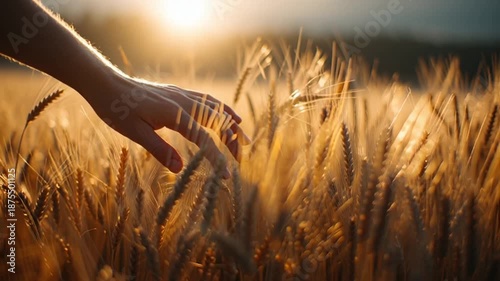A person's hand gently touches the golden wheat in a serene field during a beautiful sunset in a peaceful video.