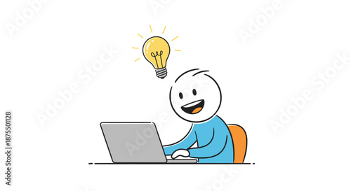 Happy stick figure character having a great idea, symbolized by a glowing lightbulb, while working on a laptop computer at a desk.
