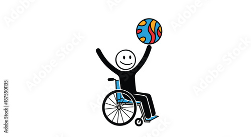 Happy and active stick figure person in a wheelchair smiling and playing with a colorful ball, representing inclusivity and joy.