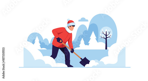 Man in warm winter clothes, hat, and scarf diligently shoveling snow from a path during a heavy snowfall in a cold landscape.