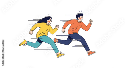 Cartoon vector illustration of a man and woman running fast together with motion lines indicating their high speed and urgency.