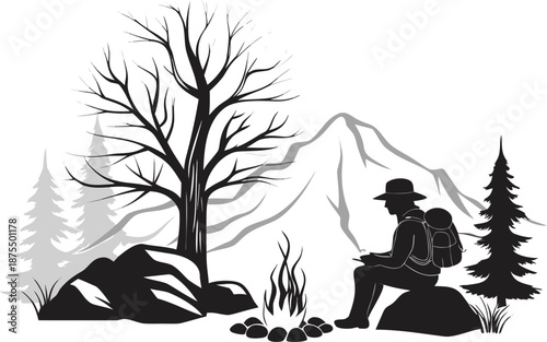 Silhouette of a lone camper sitting by a campfire, wearing a hat and backpack, surrounded by a leafless tree, evergreen tree, rocks, and grass.