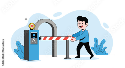Man opening a parking barrier gate at an automated checkpoint, illustrating access, entry, and security systems in a city.