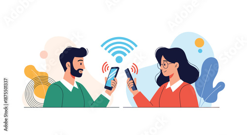 Man and woman transferring data wirelessly between their smartphones, with a large Wi-Fi symbol indicating a successful connection.