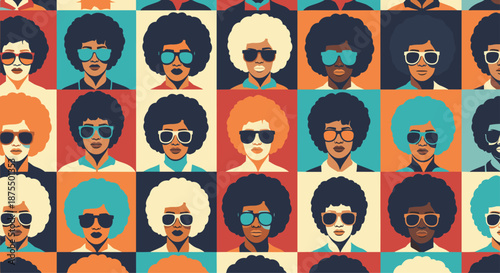 Seamless pattern with portraits of black women and men with afro hairstyles and sunglasses in a colorful retro 70s style.