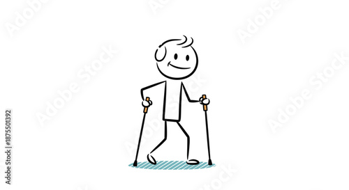 Happy stick figure character enjoying a healthy outdoor activity with nordic walking poles, smiling while exercising on a trail.
