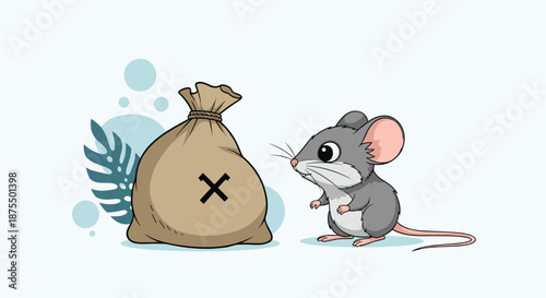 Cute cartoon mouse looking at a burlap sack with a cross mark, indicating danger, poison, or something forbidden or incorrect.