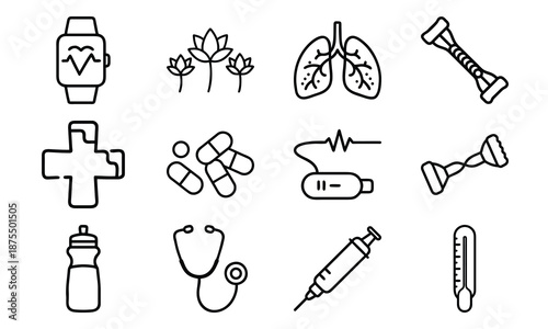 Versatile Lifestyle Icon Set Featuring Fitness Dumbbells, Blood Pressure Monitor, Calendar, Kitchen Utensils, Electric Kettle, First Aid Kit, and Decorative Tableware Collage