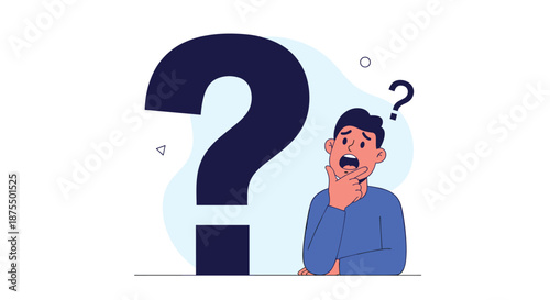 Confused and thoughtful young man standing next to a giant question mark, contemplating a problem, dilemma, or difficult choice.