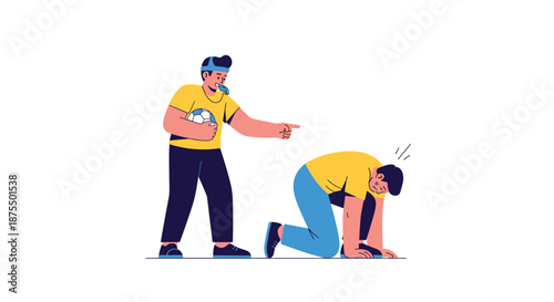 Strict sports coach with a whistle and a ball shouting and pointing at a tired player who is on all fours from exhaustion.