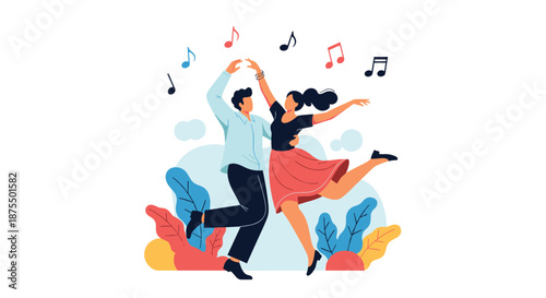 Happy young couple joyfully dancing swing or lindy hop together outdoors surrounded by plants and colorful musical notes.