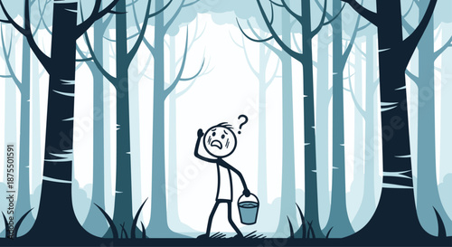 Confused and scared stick figure with a question mark above his head is lost in a dark, mysterious forest while carrying a bucket.