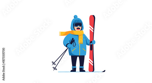 Cartoon character fully dressed in a blue winter jacket, hat, and goggles, holding red skis and poles for a mountain adventure.