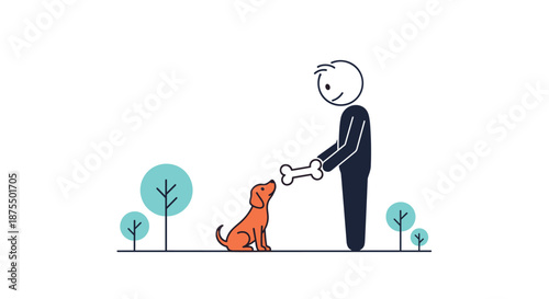 Stick figure person giving a white bone treat to a happy little orange dog sitting patiently in a park with trees.