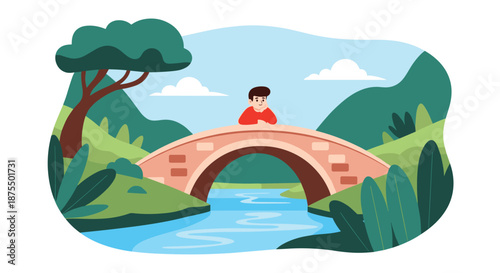 Young man relaxing and leaning on an old stone bridge over a tranquil river, enjoying the peaceful and lush green landscape.