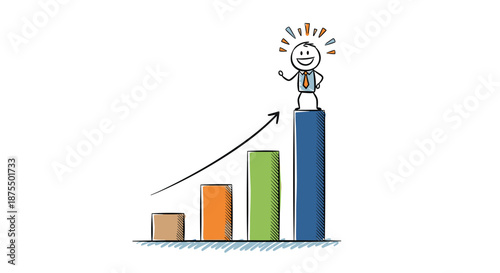 Successful stick figure businessman celebrates on top of the highest column of a colorful, rising bar graph showing growth.