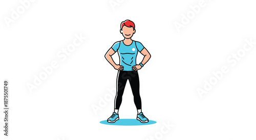 Confident and fit young man with red hair, wearing athletic clothing and a fitness tracker, standing with hands on hips.