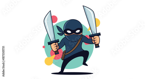 Cartoon ninja warrior in a black costume and mask, wielding two sharp swords in a dynamic and ready-for-battle pose.
