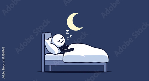 Stick figure peacefully sleeping in a comfortable bed under a white blanket at night, with a crescent moon in the dark sky.