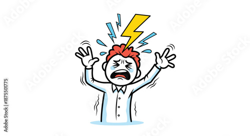 Panicked cartoon man with red hair getting struck in the head by a yellow lightning bolt, symbolizing shock or a sudden idea.