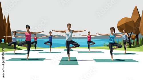 Geometric yoga class in outdoor landscape with tree and lake backdrop