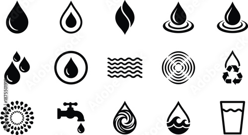 Water icon set, editable vector clipart, isolated, black silhouettes, droplet, ripple, faucet, wave, conservation, glass, swirl