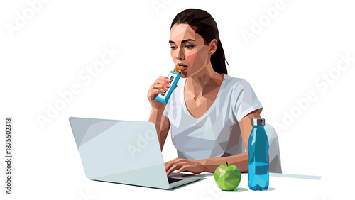 Woman working on laptop while eating energy bar with healthy snacks nearby