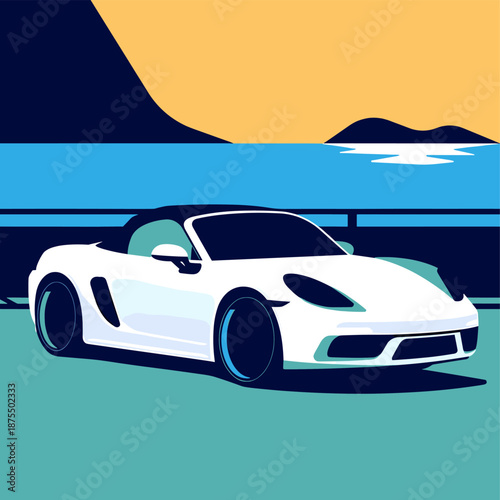 Minimalist vector illustration of a white modern convertible sports car by the sea