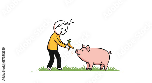 Surprised cartoon person nervously offering a carrot to a happy and hungry pink pig standing on a patch of green grass.