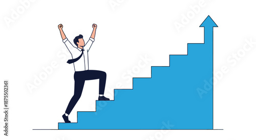 Cheerful businessman celebrates success by raising his arms in victory while climbing a staircase representing career growth.