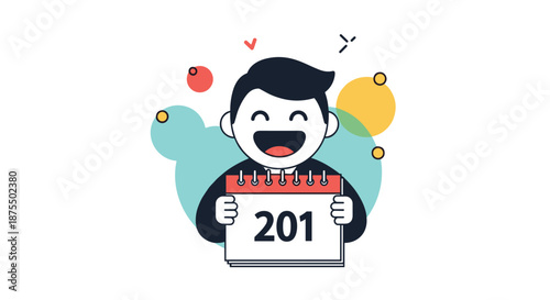 Cheerful cartoon man celebrates a new beginning or special event, happily holding up a calendar page with the number 201.
