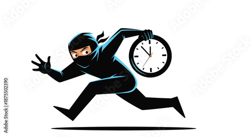 Cartoon ninja in a black costume runs swiftly while carrying a large clock, symbolizing stealing time or fast time management.