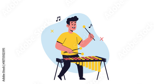 A cheerful young man playing a colorful xylophone with mallets, enjoying making music and practicing a percussion instrument.