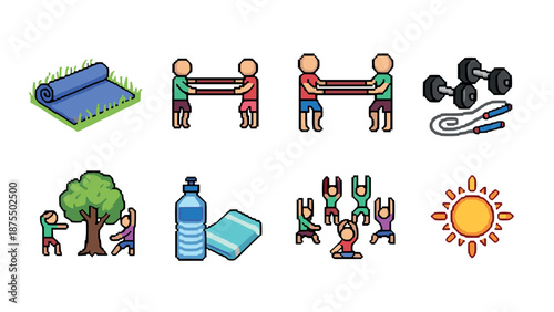 Pixel art fitness icons: yoga, exercise, and wellness essentials