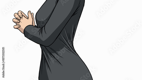 Elegant woman in black dress with clasped hands side view