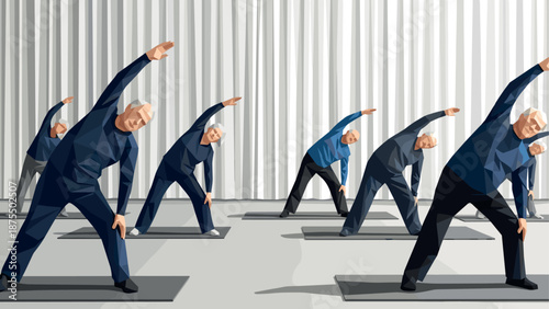 Elderly group fitness: low poly seniors exercising together for health and well-being