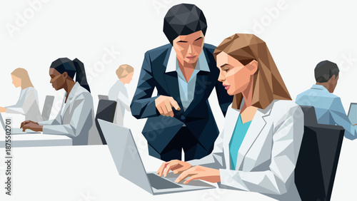 Geometric teamwork in a modern office setting: low poly style business collaboration