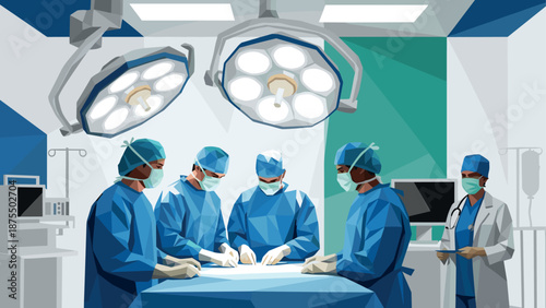 Modern surgical team in operating room with geometric art style