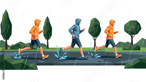 Geometric runners in rain with splash effects on park path