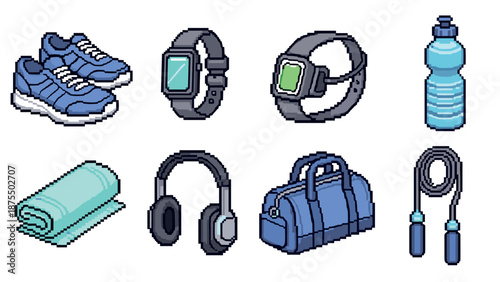 Pixel art gym essentials: sneakers, smartwatches, water bottle, towel, headphones, gym bag, jump rope