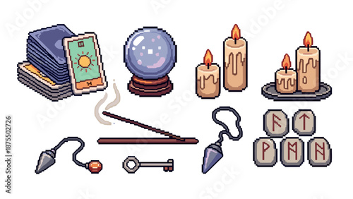 Mystical pixel art objects: tarot, candles, runes, and more