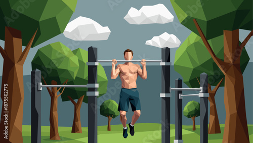 Low poly outdoor workout scene with man exercising on pull-up bars in forest setting